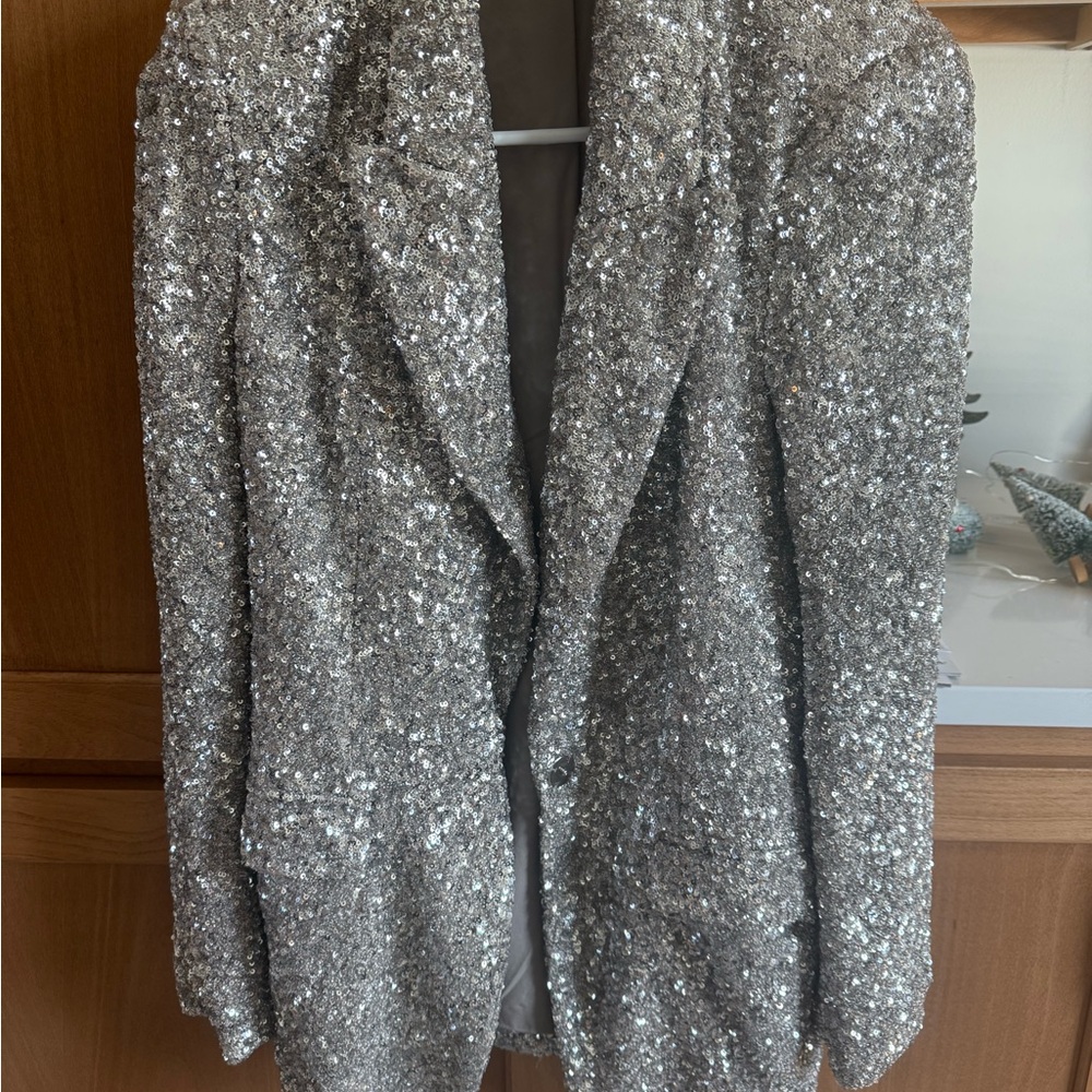 Express Silver Women's One Button Sequin Blazer - image 6